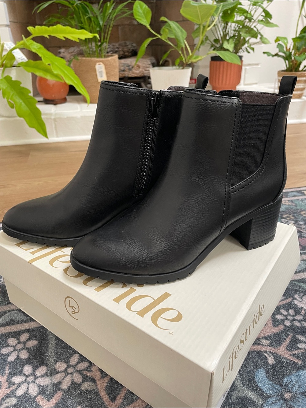 Life Stride Black Faux-Leather Ankle Booties with Block Heel